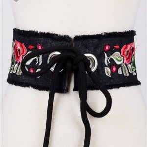 Fringe denim embroidery tie belt